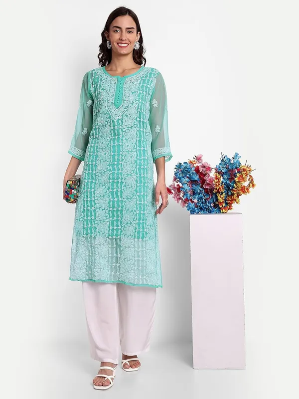 Sky_Blue_Lucknow_Chikankari_Hand_Embroidered_Long_Kurta_With_Matching_Slip_Georgette
