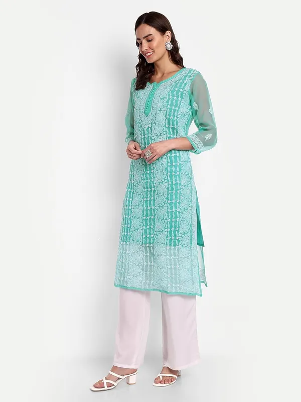 Sky_Blue_Lucknow_Chikankari_Hand_Embroidered_Long_Kurta_With_Matching_Slip_Georgette