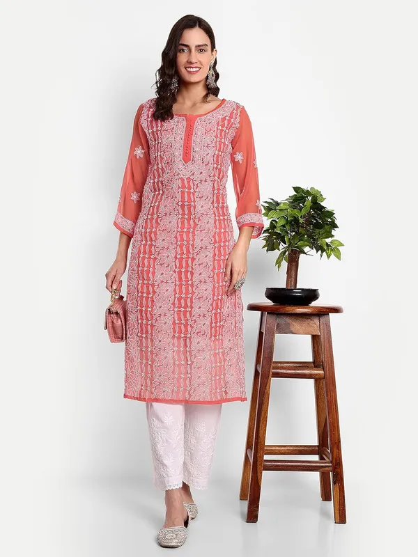 Ruby_Red_Lucknow_Chikankari_Hand_Embroidered_Long_Kurta_With_Matching_Slip_Georgette