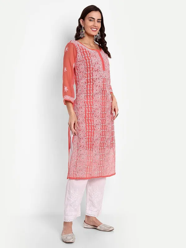 Ruby_Red_Lucknow_Chikankari_Hand_Embroidered_Long_Kurta_With_Matching_Slip_Georgette