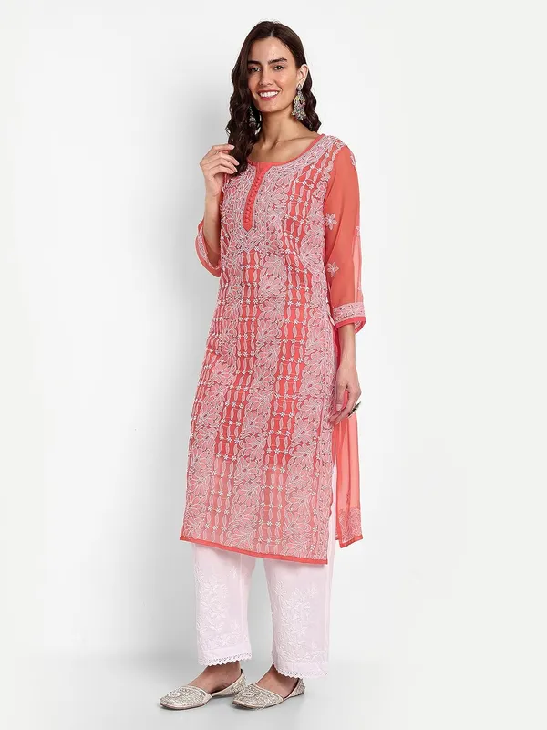 Ruby_Red_Lucknow_Chikankari_Hand_Embroidered_Long_Kurta_With_Matching_Slip_Georgette
