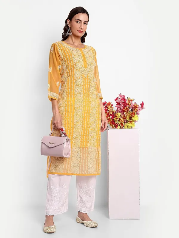 Mustard_Lucknow_Chikankari_Hand_Embroidered_Long_Kurta_With_Matching_Slip_Georgette