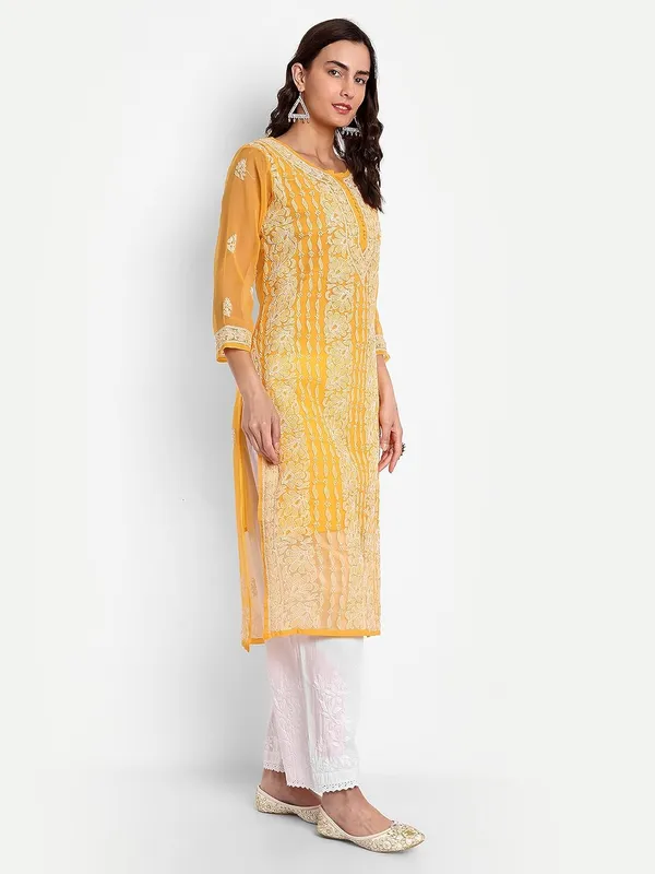 Mustard_Lucknow_Chikankari_Hand_Embroidered_Long_Kurta_With_Matching_Slip_Georgette