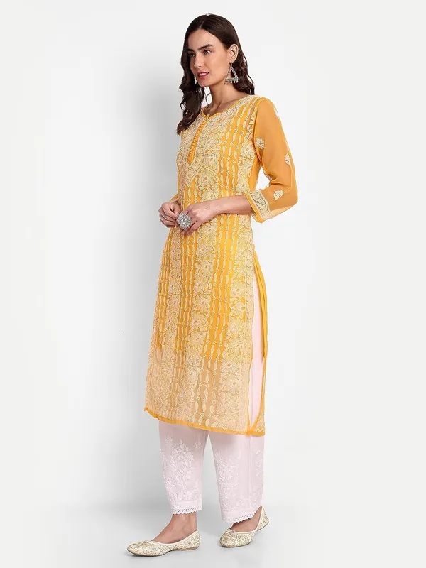 Mustard_Lucknow_Chikankari_Hand_Embroidered_Long_Kurta_With_Matching_Slip_Georgette