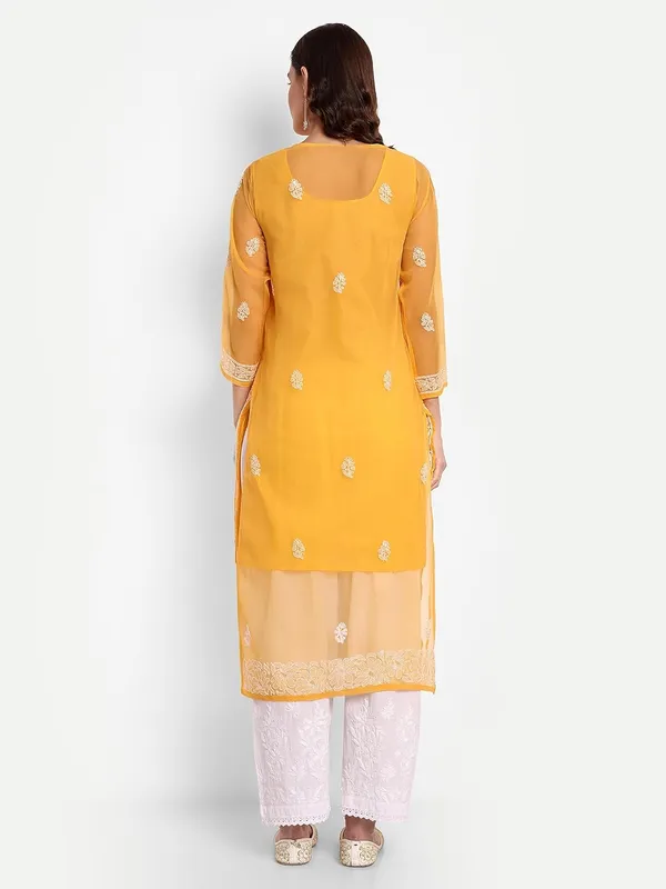 Mustard_Lucknow_Chikankari_Hand_Embroidered_Long_Kurta_With_Matching_Slip_Georgette