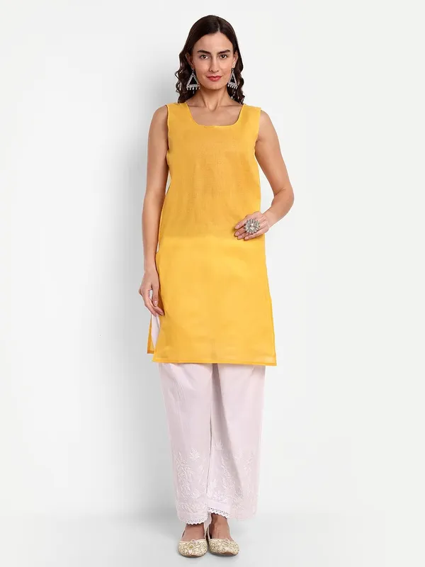 Mustard_Lucknow_Chikankari_Hand_Embroidered_Long_Kurta_With_Matching_Slip_Georgette