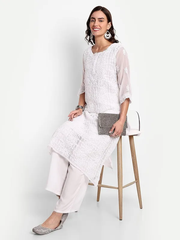 Pristine_White_Lucknow_Chikankari_Hand_Embroidered_Long_Kurta_With_Matching_Slip_Georgette