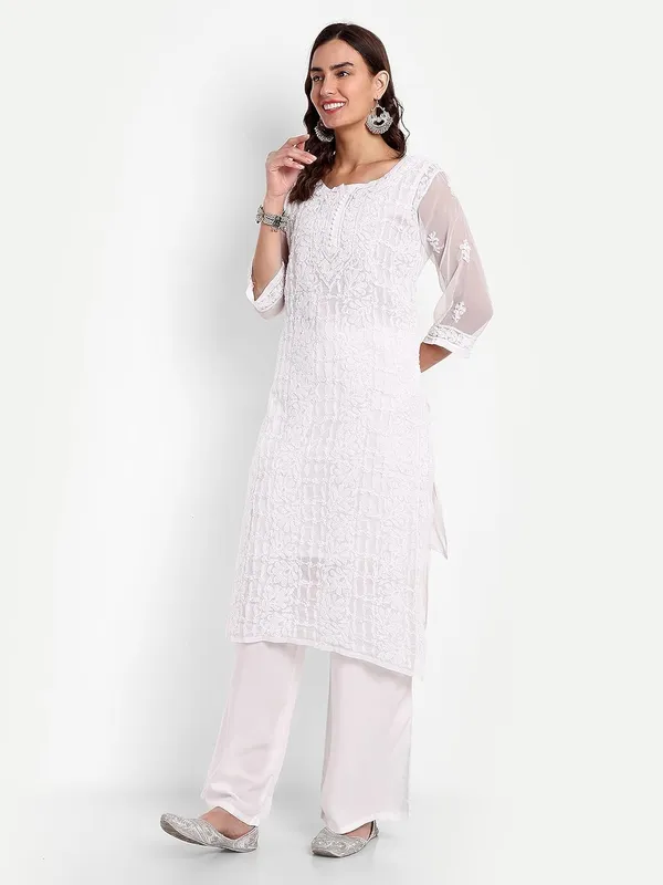 Pristine_White_Lucknow_Chikankari_Hand_Embroidered_Long_Kurta_With_Matching_Slip_Georgette
