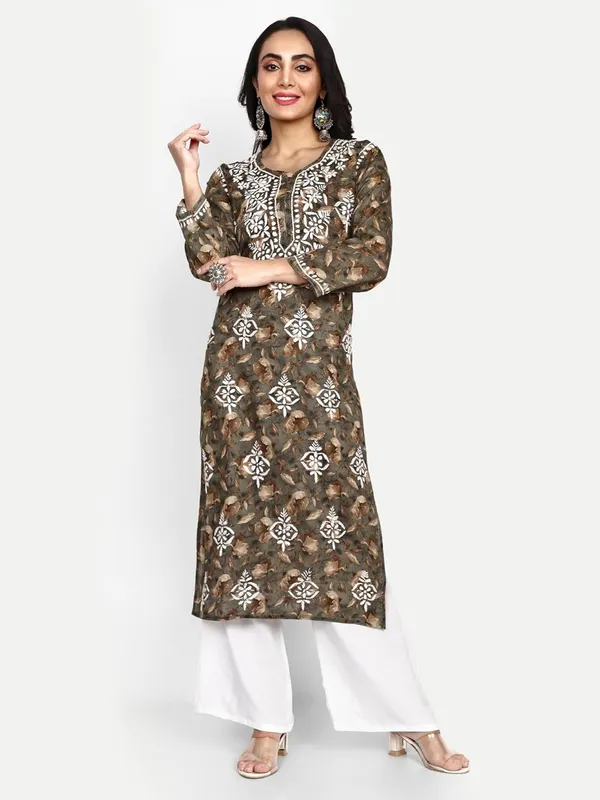Olive_Green_Lucknow_Chikankari_Hand_Embroidered_Kurta_Women_Mulmul_Cotton