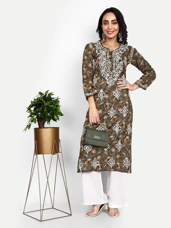 Olive_Green_Lucknow_Chikankari_Hand_Embroidered_Kurta_Women_Mulmul_Cotton