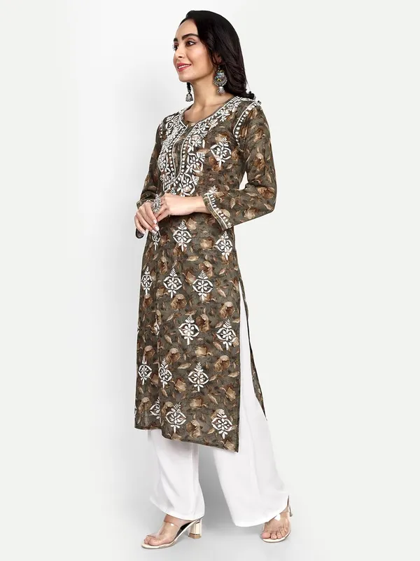 Olive_Green_Lucknow_Chikankari_Hand_Embroidered_Kurta_Women_Mulmul_Cotton