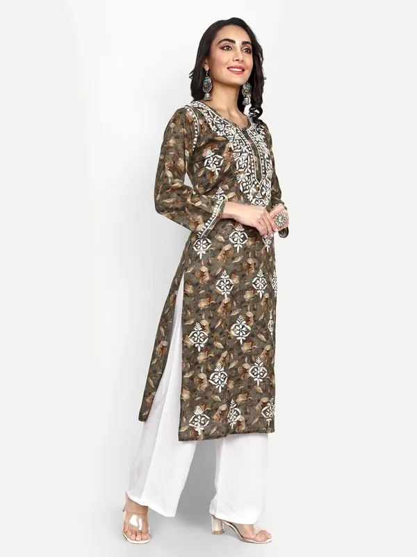 Olive_Green_Lucknow_Chikankari_Hand_Embroidered_Kurta_Women_Mulmul_Cotton