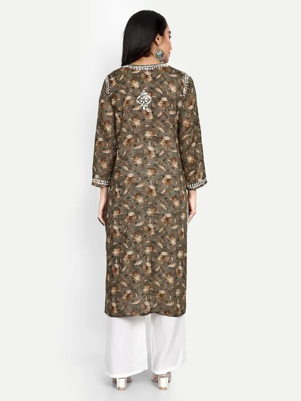Olive_Green_Lucknow_Chikankari_Hand_Embroidered_Kurta_Women_Mulmul_Cotton