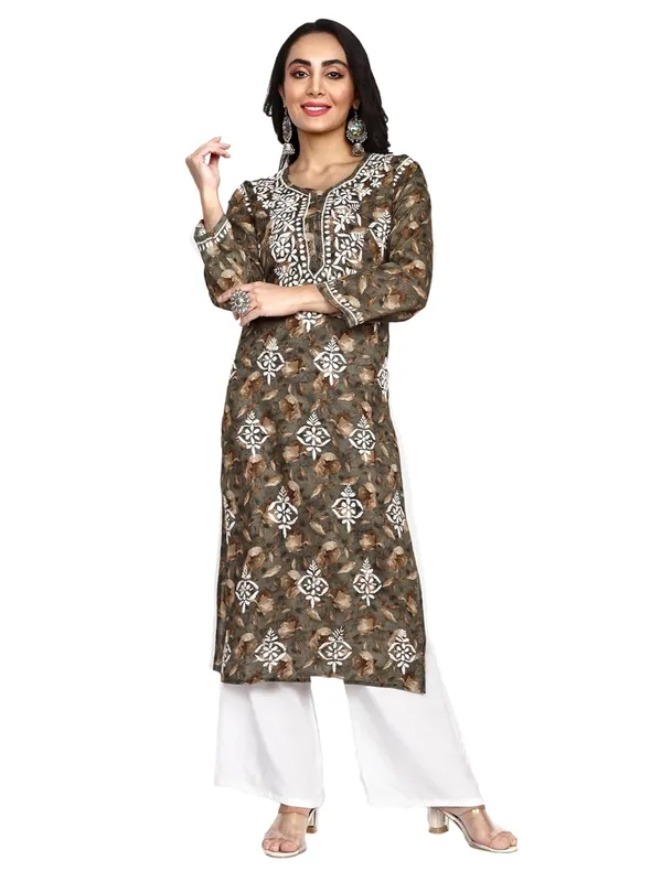 Olive_Green_Lucknow_Chikankari_Hand_Embroidered_Kurta_Women_Mulmul_Cotton