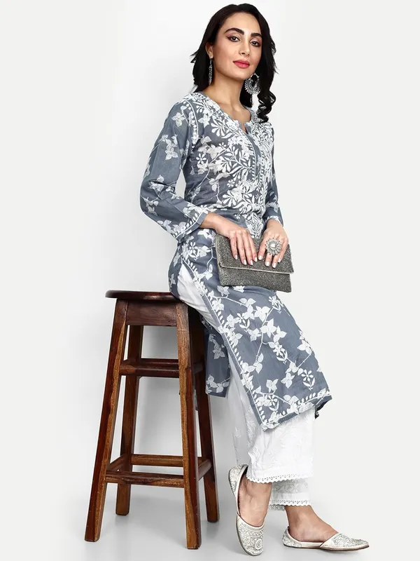 Grey_Lucknow_Chikankari_Hand_Embroidered_Kurta_Women_Mulmul_Cotton