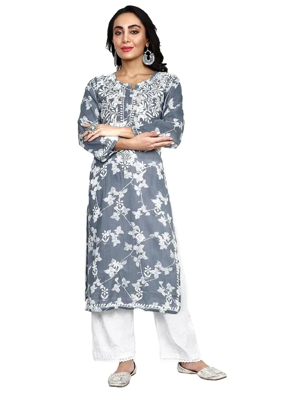 Grey_Lucknow_Chikankari_Hand_Embroidered_Kurta_Women_Mulmul_Cotton