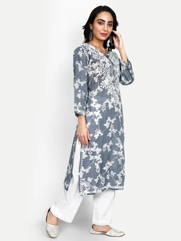 Grey_Lucknow_Chikankari_Hand_Embroidered_Kurta_Women_Mulmul_Cotton