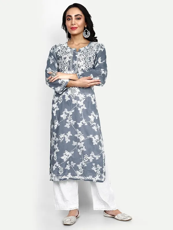 Grey_Lucknow_Chikankari_Hand_Embroidered_Kurta_Women_Mulmul_Cotton