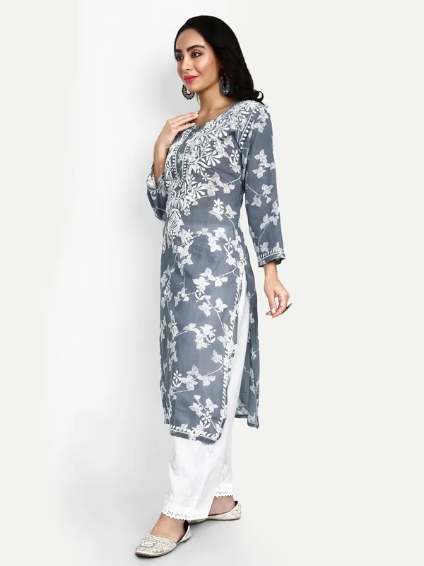 Grey_Lucknow_Chikankari_Hand_Embroidered_Kurta_Women_Mulmul_Cotton