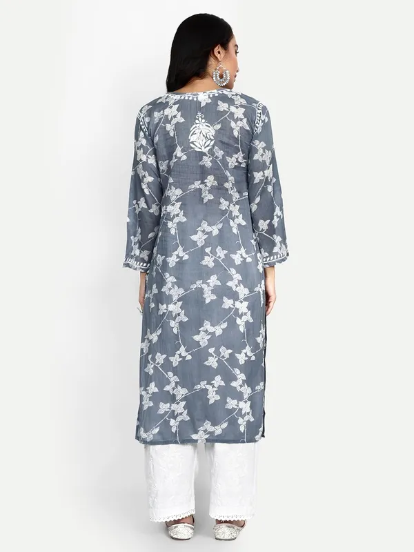 Grey_Lucknow_Chikankari_Hand_Embroidered_Kurta_Women_Mulmul_Cotton