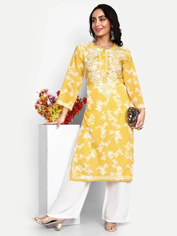 Sunshine_Yellow_Lucknowi_Chikankari_Hand_Embroidered_Kurta_Women_Mulmul_Cotton