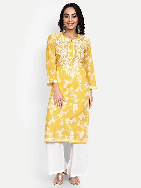 Sunshine_Yellow_Lucknowi_Chikankari_Hand_Embroidered_Kurta_Women_Mulmul_Cotton