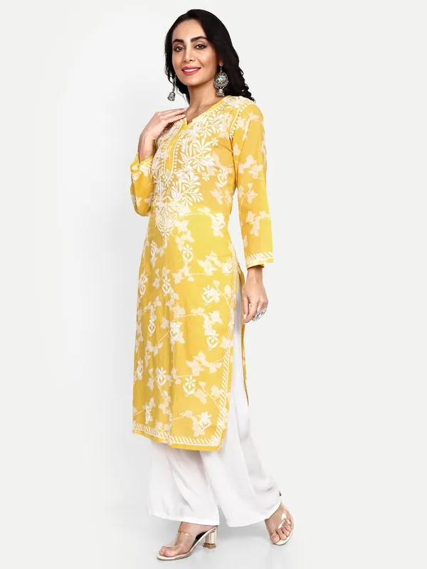 Sunshine_Yellow_Lucknowi_Chikankari_Hand_Embroidered_Kurta_Women_Mulmul_Cotton