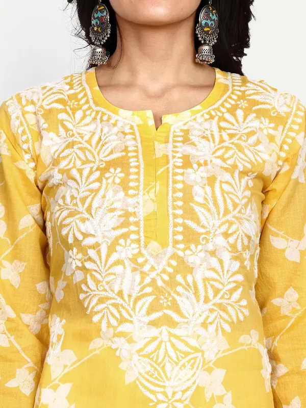 Sunshine_Yellow_Lucknowi_Chikankari_Hand_Embroidered_Kurta_Women_Mulmul_Cotton