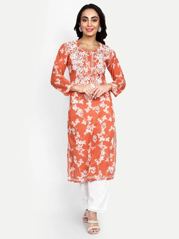 Orange_Lucknow_Chikankari_Hand_Embroidered_Kurta_Women_Mulmul_Cotton