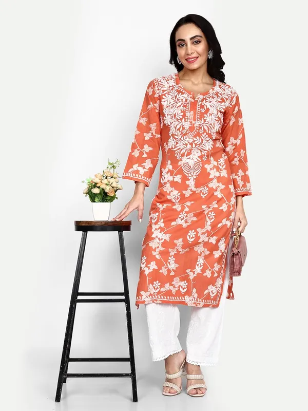 Orange_Lucknow_Chikankari_Hand_Embroidered_Kurta_Women_Mulmul_Cotton