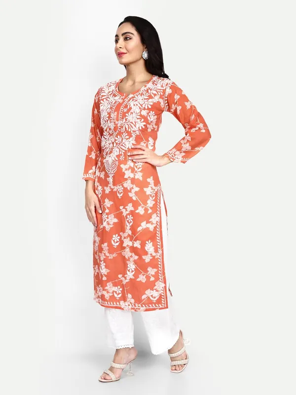 Orange_Lucknow_Chikankari_Hand_Embroidered_Kurta_Women_Mulmul_Cotton
