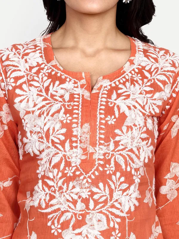 Orange_Lucknow_Chikankari_Hand_Embroidered_Kurta_Women_Mulmul_Cotton
