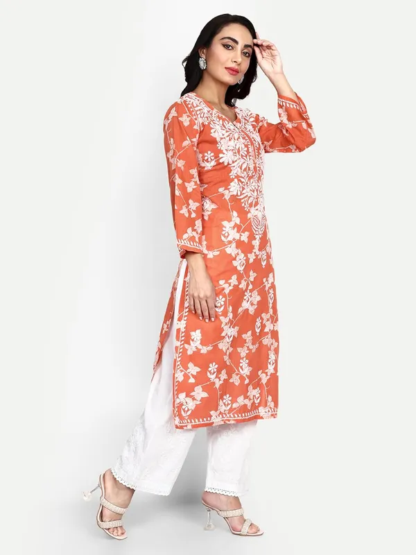 Orange_Lucknow_Chikankari_Hand_Embroidered_Kurta_Women_Mulmul_Cotton