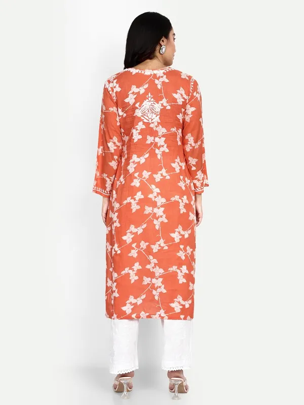 Orange_Lucknow_Chikankari_Hand_Embroidered_Kurta_Women_Mulmul_Cotton