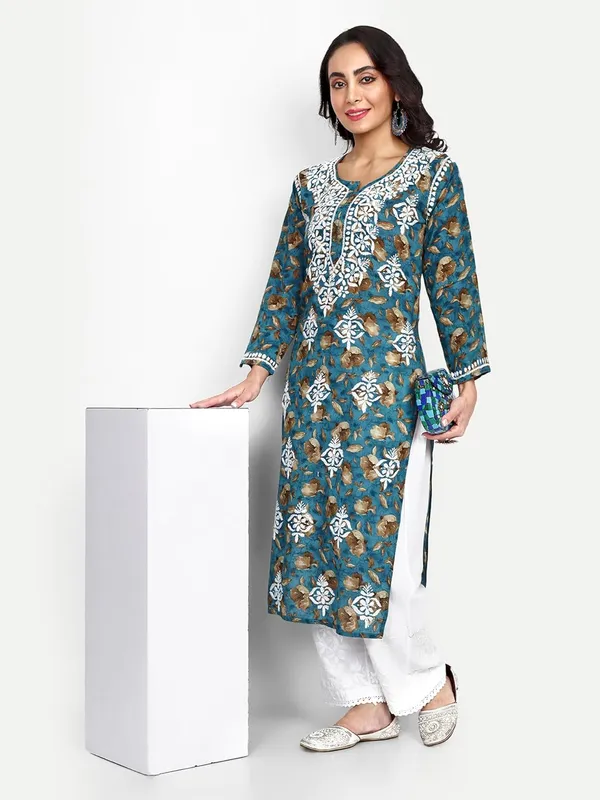 Turquoise_Blue_Lucknow_Chikankari_Hand_Embroidered_Kurta_Women_Mulmul_Cotton