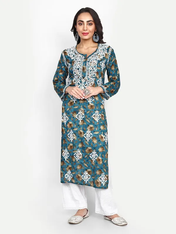 Turquoise_Blue_Lucknow_Chikankari_Hand_Embroidered_Kurta_Women_Mulmul_Cotton