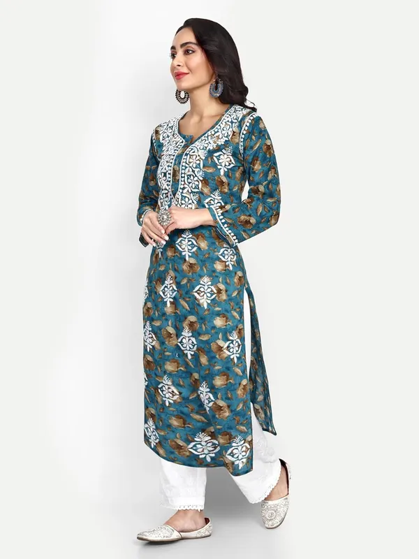 Turquoise_Blue_Lucknow_Chikankari_Hand_Embroidered_Kurta_Women_Mulmul_Cotton