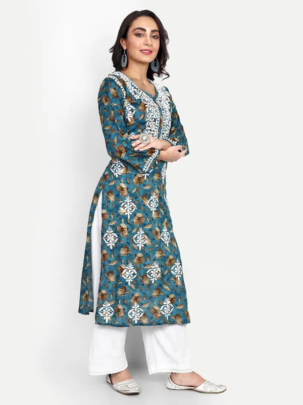 Turquoise_Blue_Lucknow_Chikankari_Hand_Embroidered_Kurta_Women_Mulmul_Cotton