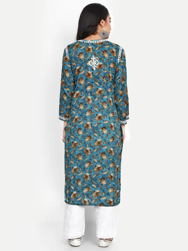 Turquoise_Blue_Lucknow_Chikankari_Hand_Embroidered_Kurta_Women_Mulmul_Cotton