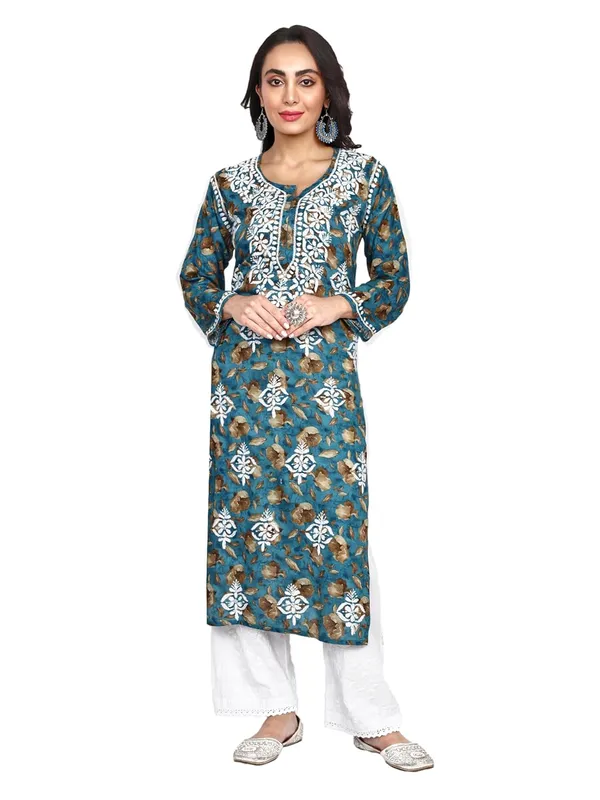 Turquoise_Blue_Lucknow_Chikankari_Hand_Embroidered_Kurta_Women_Mulmul_Cotton