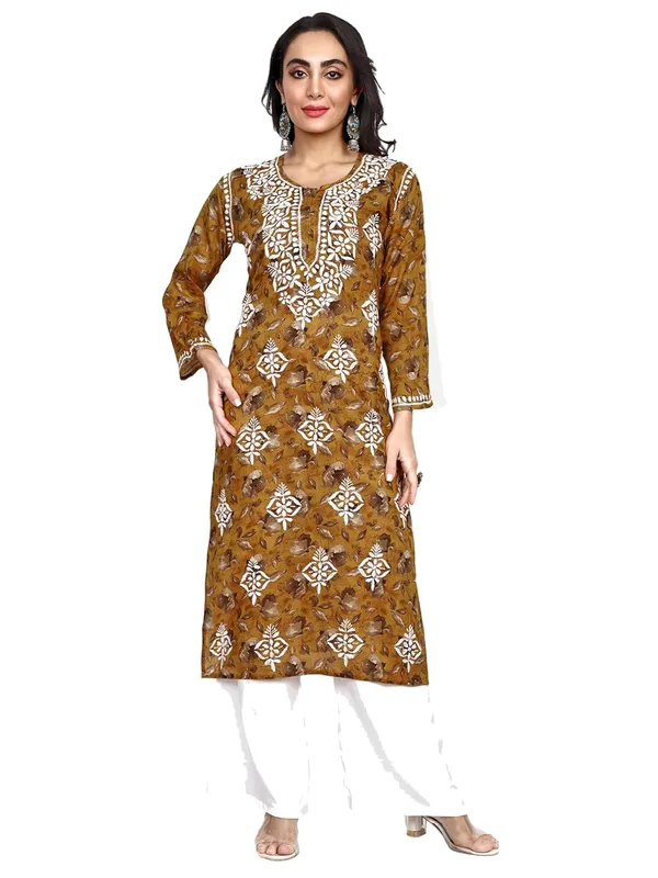Mustard_Lucknow_Chikankari_Hand_Embroidered_Kurta_Women_Mulmul_Cotton