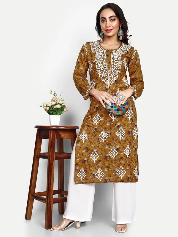 Mustard_Lucknow_Chikankari_Hand_Embroidered_Kurta_Women_Mulmul_Cotton