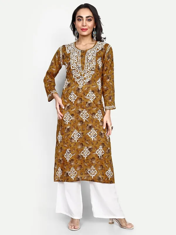 Mustard_Lucknow_Chikankari_Hand_Embroidered_Kurta_Women_Mulmul_Cotton