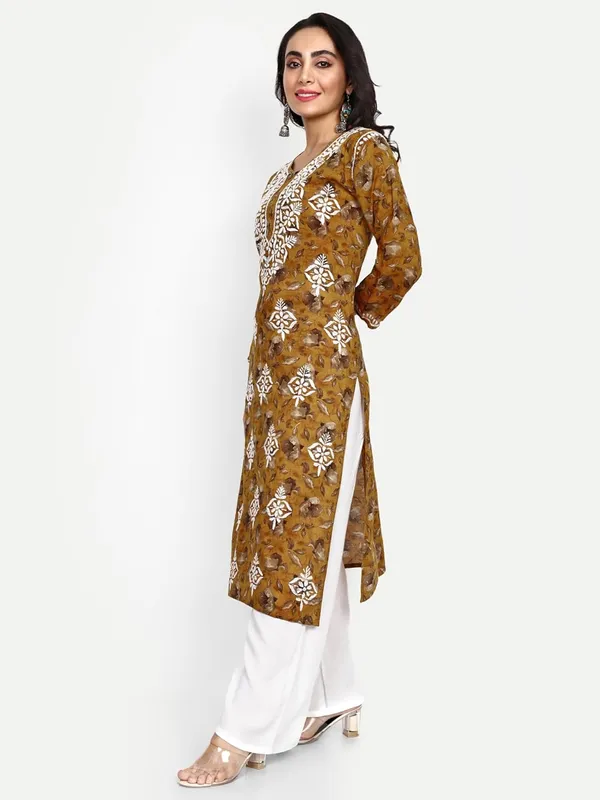 Mustard_Lucknow_Chikankari_Hand_Embroidered_Kurta_Women_Mulmul_Cotton