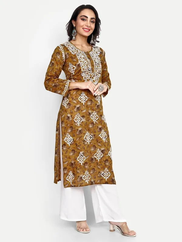 Mustard_Lucknow_Chikankari_Hand_Embroidered_Kurta_Women_Mulmul_Cotton