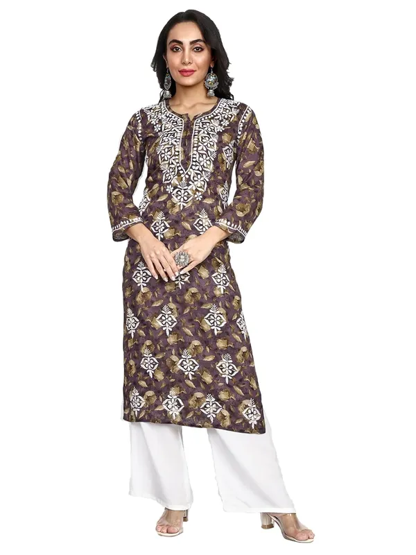Violet_Lucknow_Chikankari_Hand_Embroidered_Kurta_Women_Mulmul_Cotton