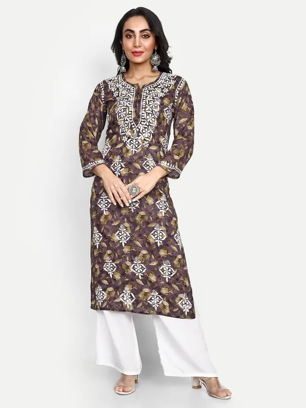 Violet_Lucknow_Chikankari_Hand_Embroidered_Kurta_Women_Mulmul_Cotton