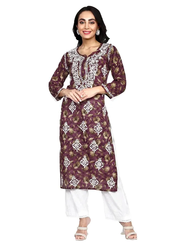 Wine_Lucknow_Chikankari_Hand_Embroidered_Kurta_Women_Mulmul_Cotton