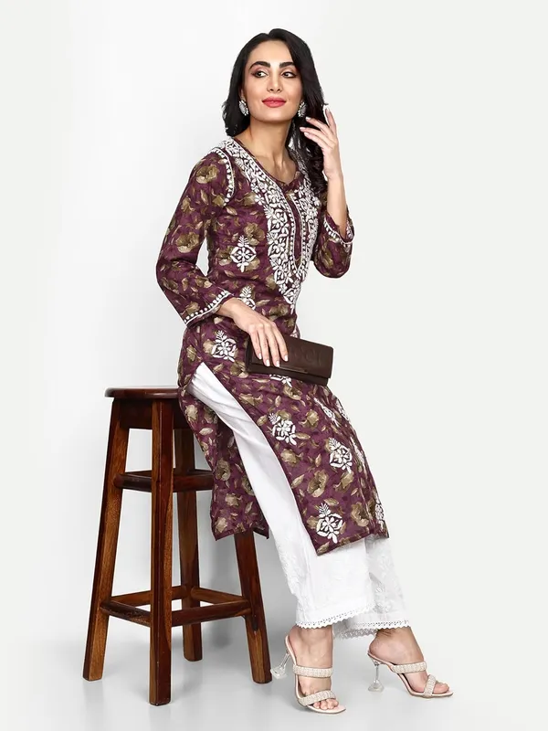Wine_Lucknow_Chikankari_Hand_Embroidered_Kurta_Women_Mulmul_Cotton