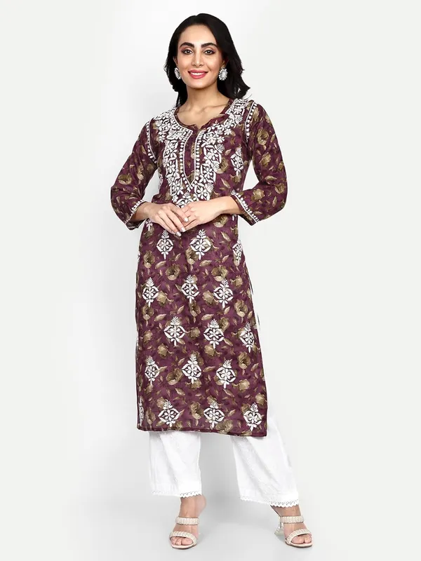 Wine_Lucknow_Chikankari_Hand_Embroidered_Kurta_Women_Mulmul_Cotton